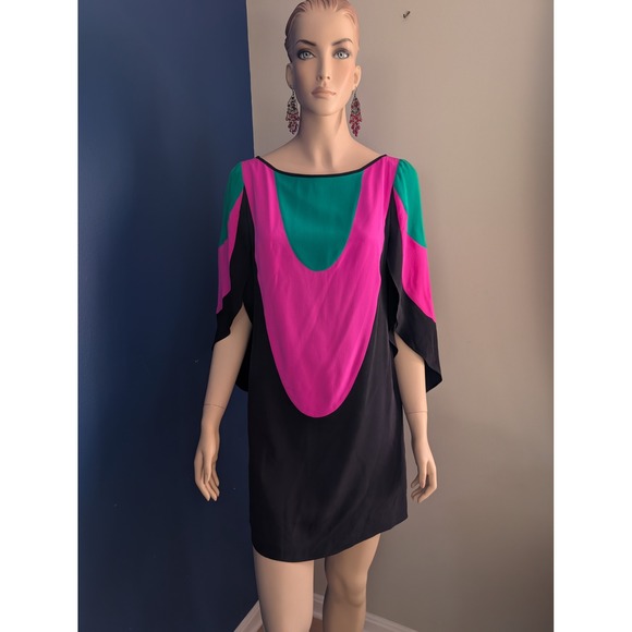 MILLY 100% Silk Shift Dress Colorblock Cocktail Dress Retro Mini‎ Dress size 2 - Picture 1 of 12
